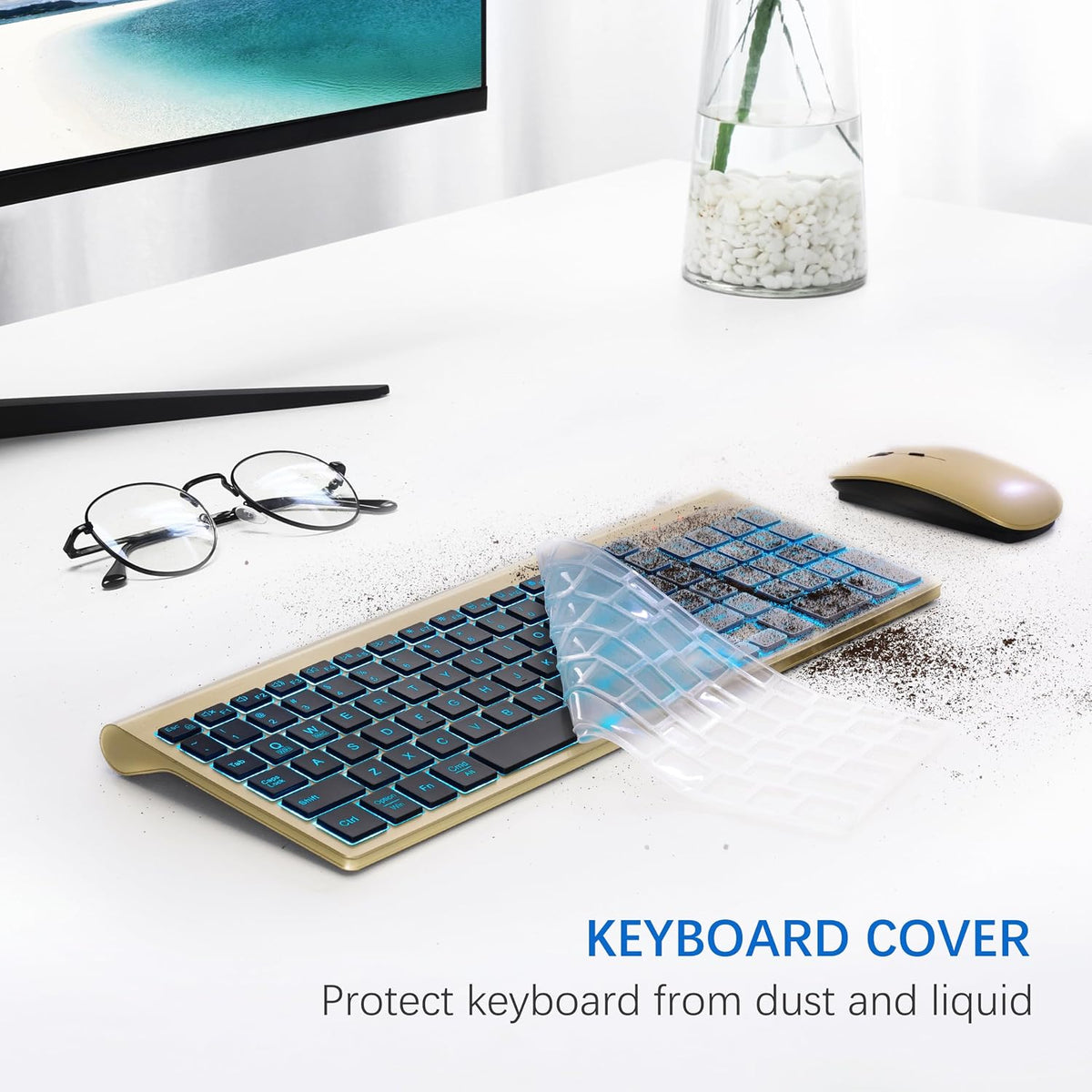 Wireless Backlit Keyboard and Mouse Ultra Slim Combo, TopMate - Gold Black