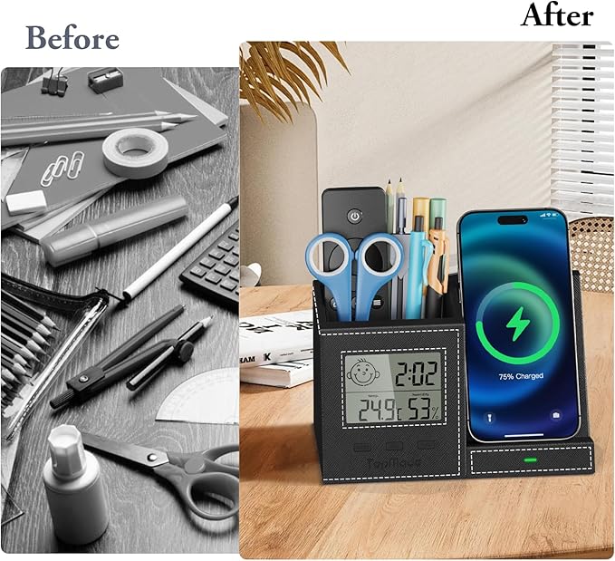 TopMade Wireless Charger with Pen Holder, Leather Desk Nightstand Organizer - Image 3