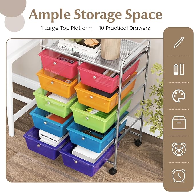 GOFLAME 10-Drawer Rolling Storage Cart, Art Craft Storage Organizer on Wheels - Image 4