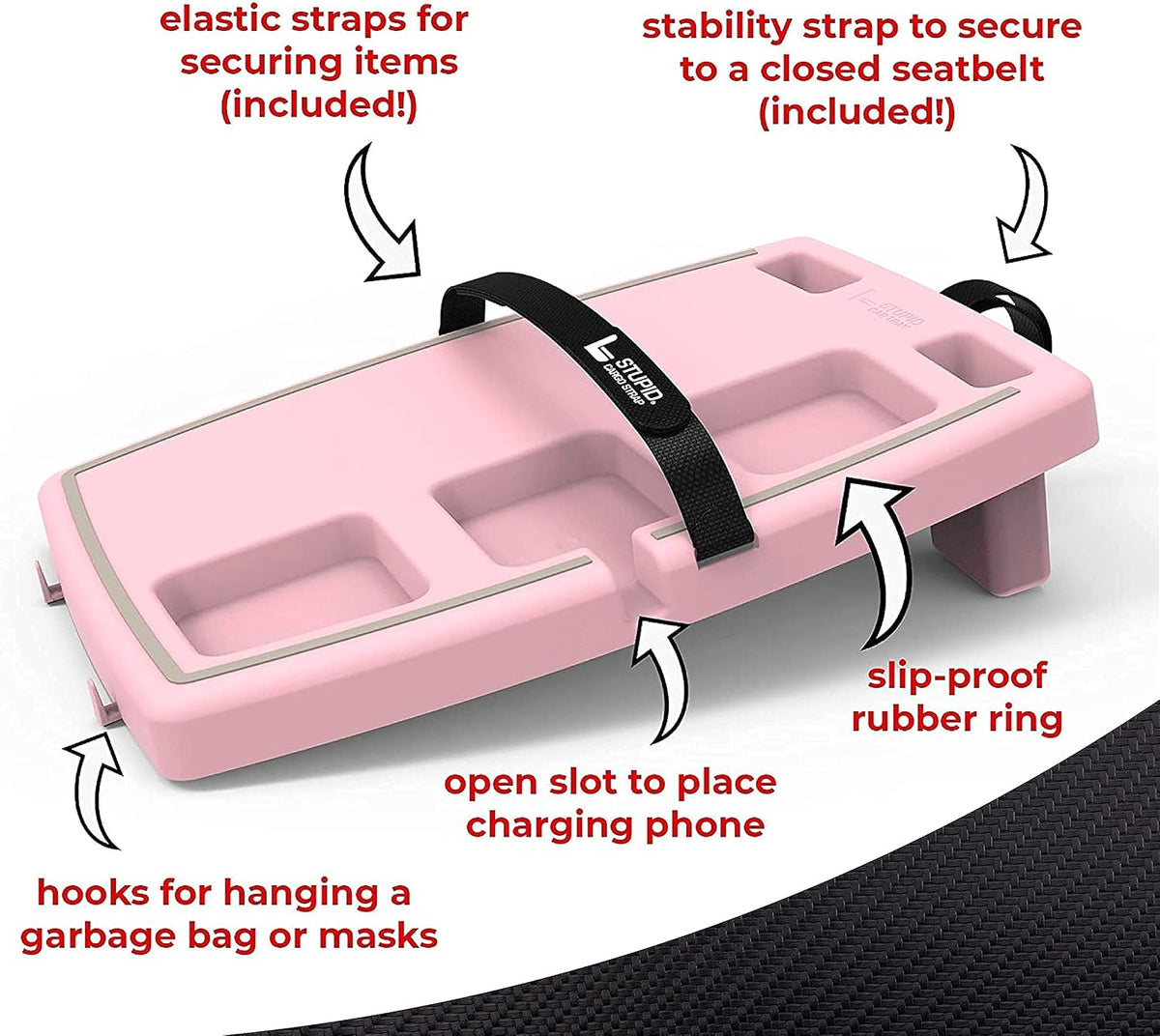 Stupid Car Tray - Car Desk for Laptop, Passenger Seat Food Tray - Pink