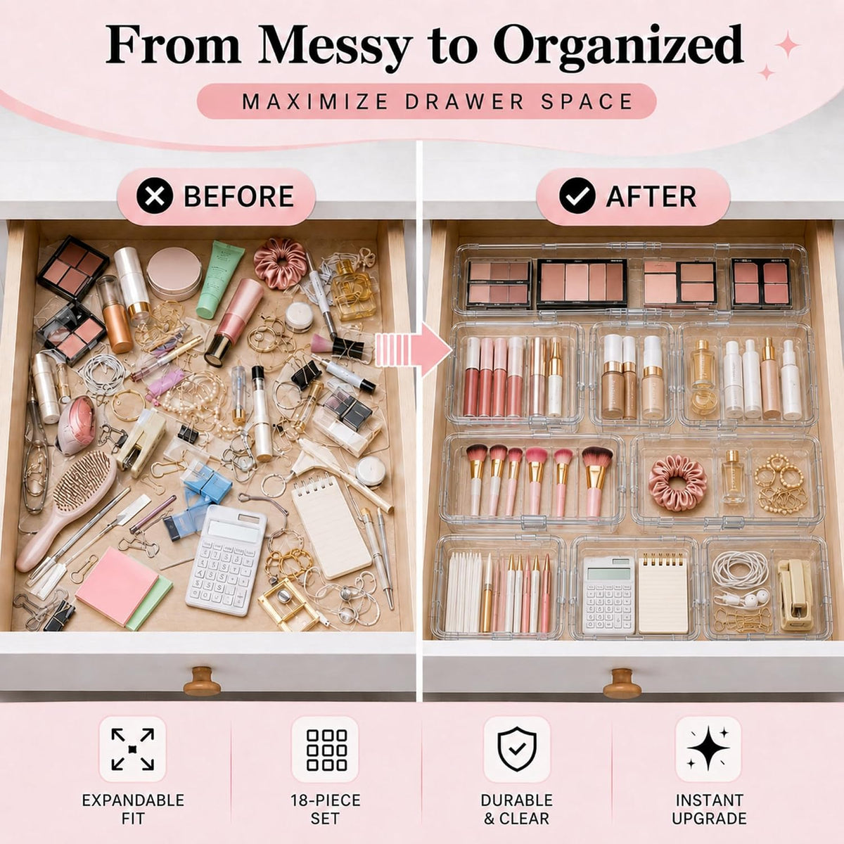 18 Pcs Clear Adjustable Drawer Organizer, 2-Size Desk Drawer Organizer Box, A...