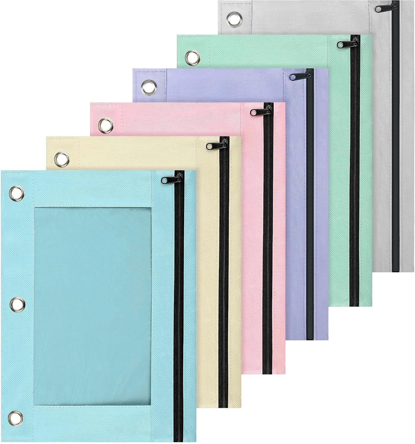 Lanpn Pencil Pouch for 3 Ring Binder 6 Pack, Pastel Binder Pen Bags with Zipper, Aesthetic 3 Holes Pencil Pouches Organizer for Boy Girl Kids School Student, Reinforced Grommets & Clear Window