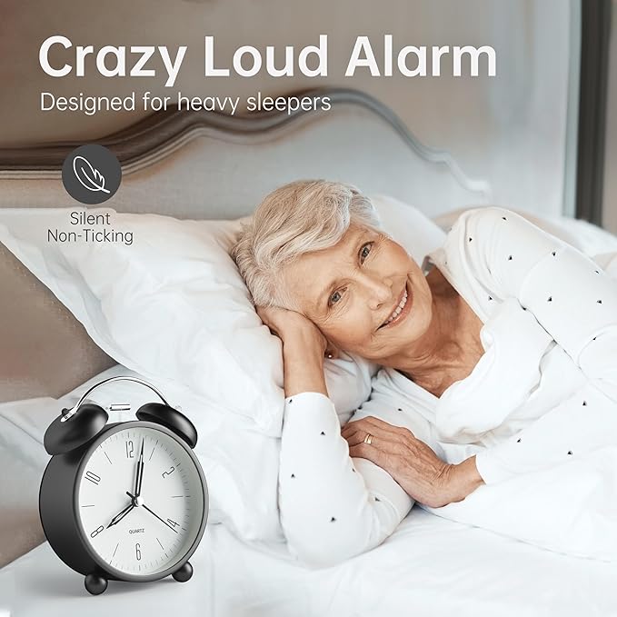 Twin Bell Loud Alarm Analog Alarm Clock, 4 inch Super Silent Non Ticking Small - Image 2