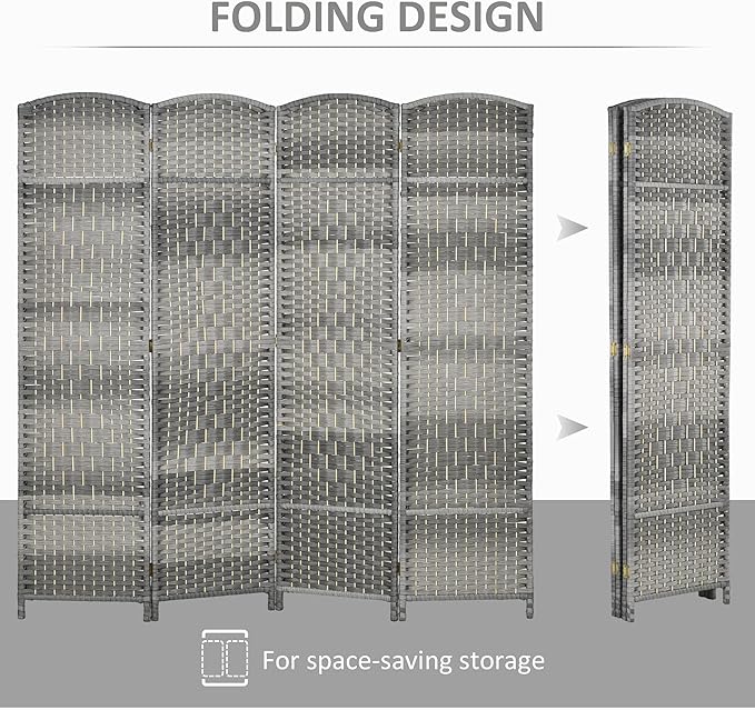 HOMCOM 4 Panel Room Divider, Hand-Woven Freestanding Wood Partition - Image 3