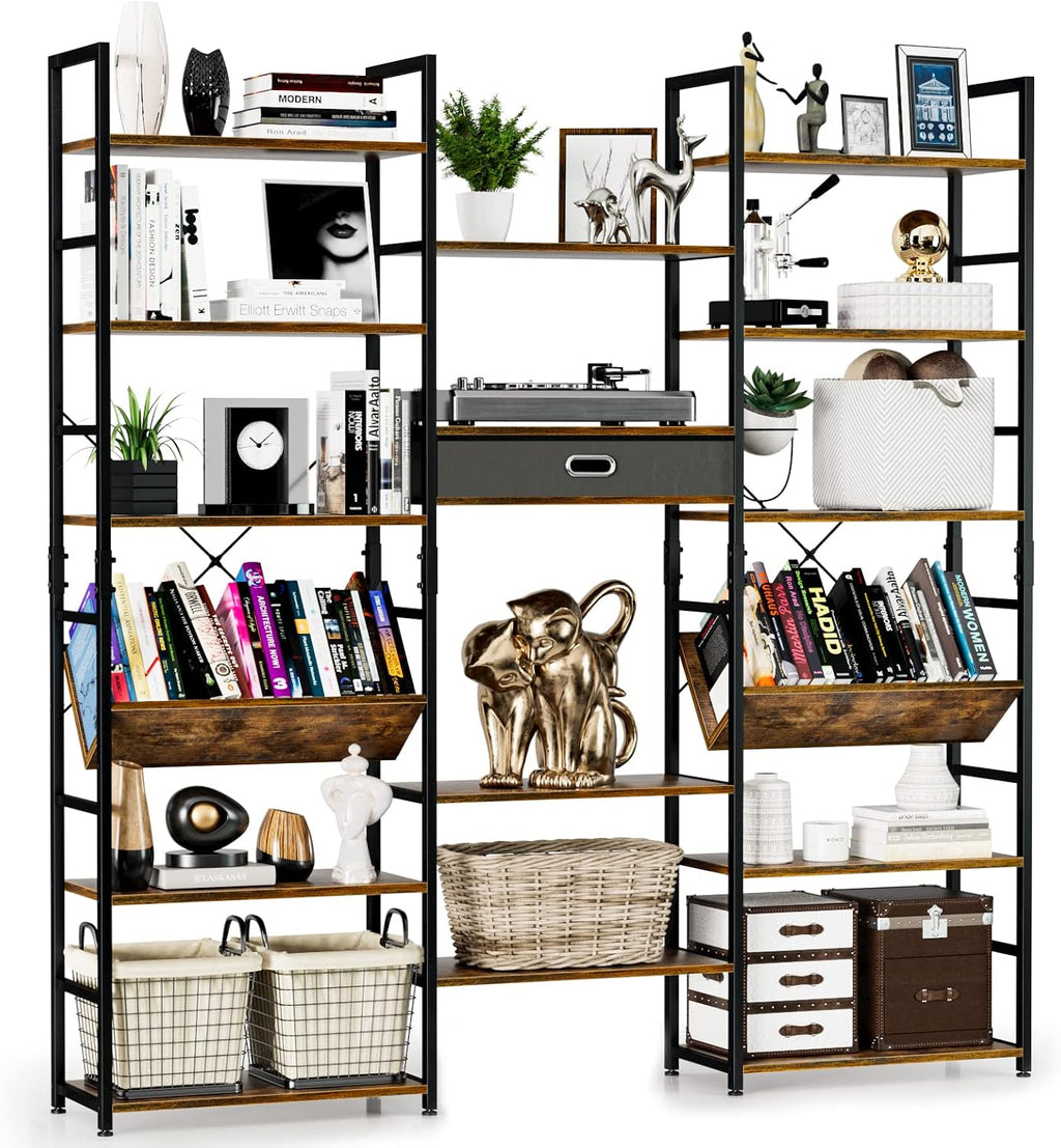 NUMENN Triple Wide 6 Tier Bookshelf, Adjustable Rustic Industrial Style Book