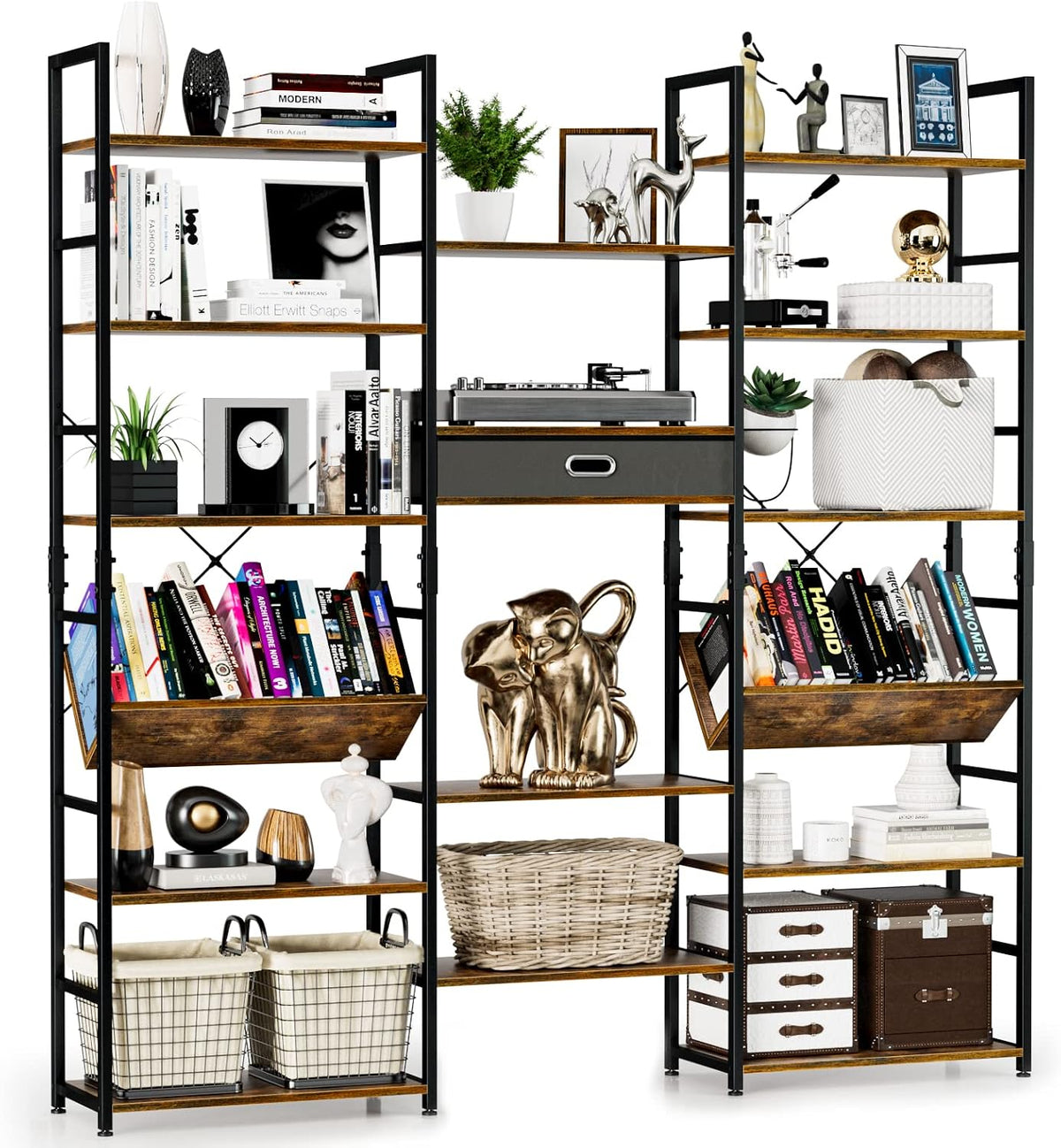 NUMENN Triple Wide 6 Tier Bookshelf, Adjustable Rustic Industrial Style Book