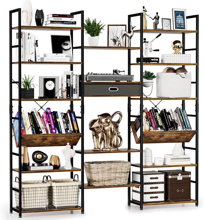 NUMENN Triple Wide 6 Tier Bookshelf, Adjustable Rustic Industrial Style Book by NUMENN