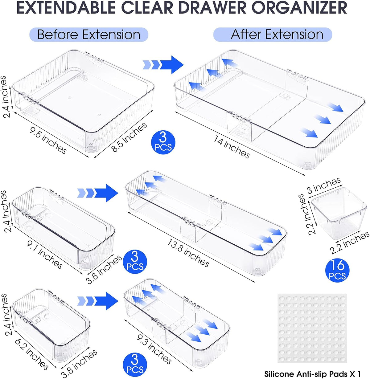 Aneco 25Pcs Extendable Drawer Organizer 4-Size Expandable Drawer Organizer