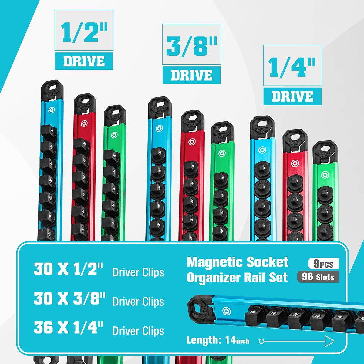 DURATECH 9PCS 1/4", 3/8", 1/2" Magnetic Socket Organizer Set w...