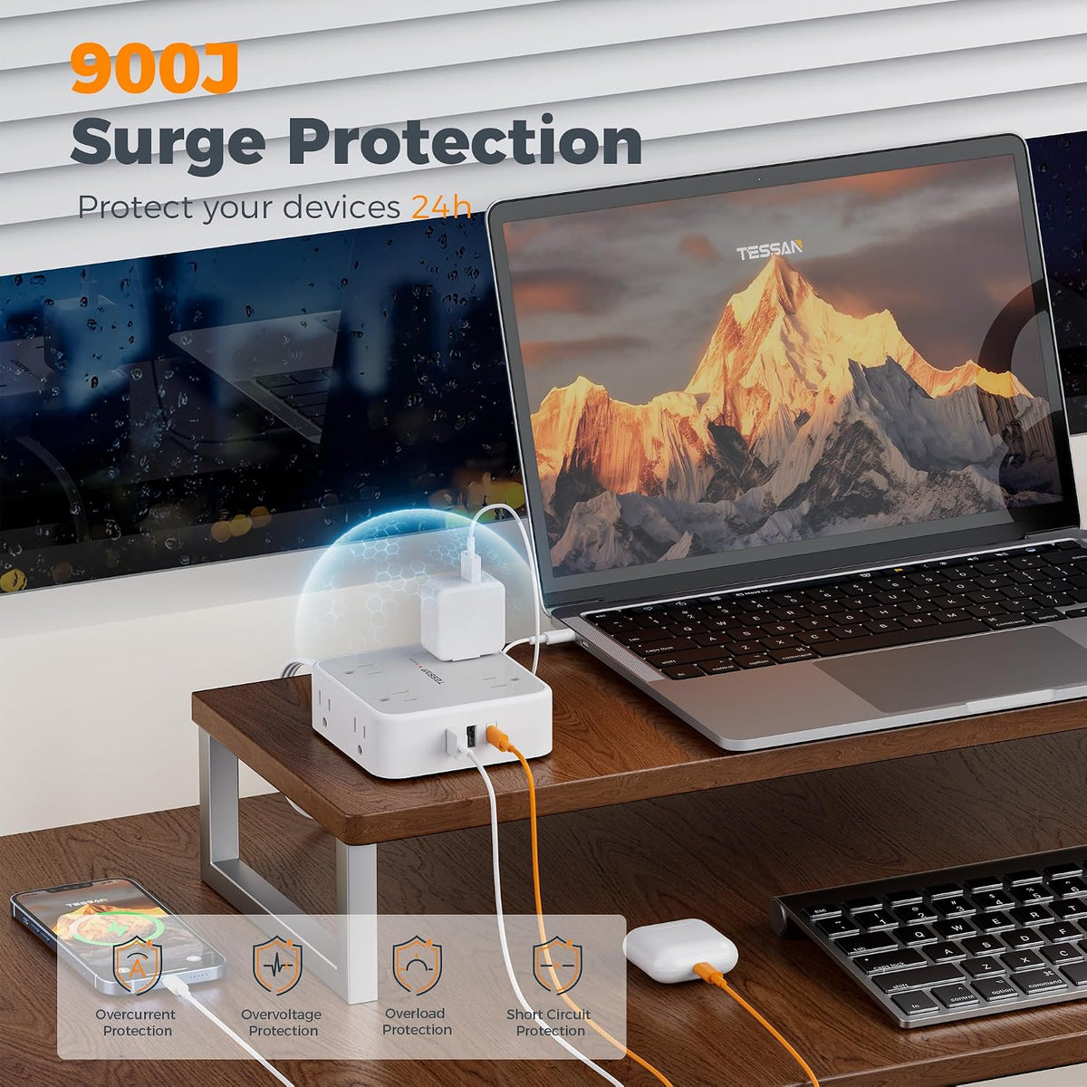 TESSAN Surge Protector Power Strip with 900J Surge Protection, 15 Ft, Grey