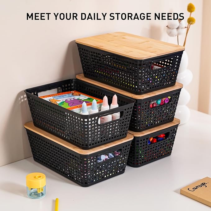 Anywish Storage Bins with Lids 6 Packs, Plastic Storage Bins with Bamboo Lids - Image 3