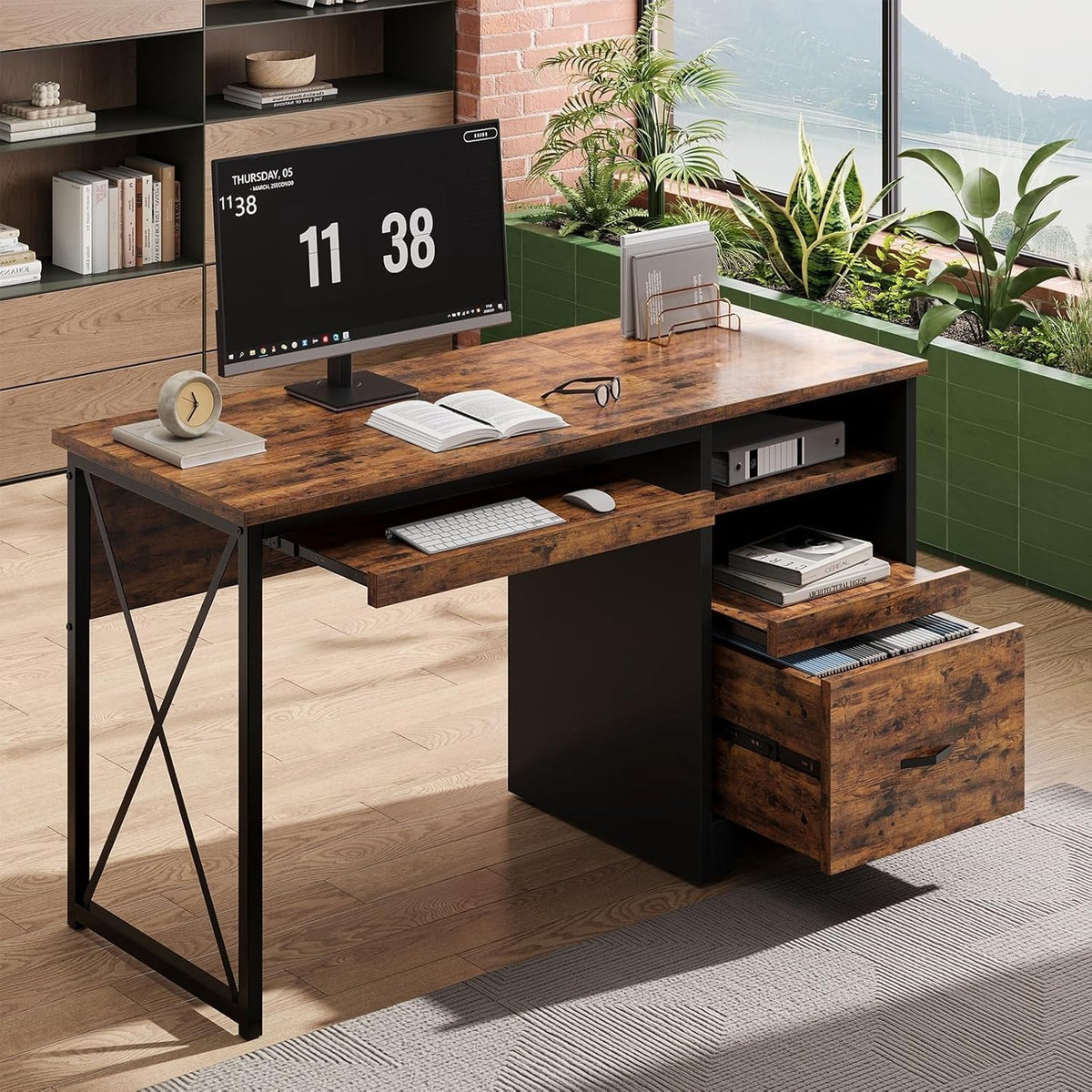 Bestier 47" Computer Desk with Drawers, Home Office Desk with Keyboard T...