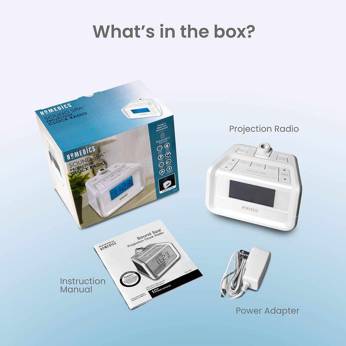 homedics dual alarm digital fm clock radio time, package contents