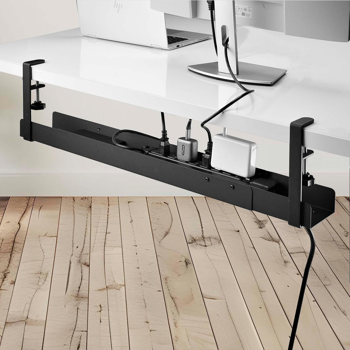 StarTech.com Under Desk Cable Management Tray, Length Adjustable, Clamp-On