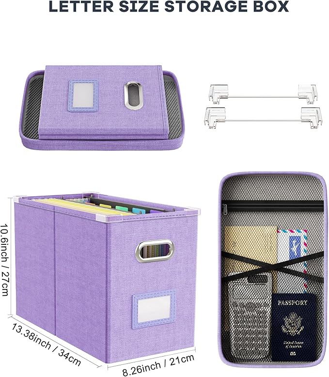 Oterri File Organizer Box with Lid, Hanging Filing File Box with Mesh Pocket - Image 2