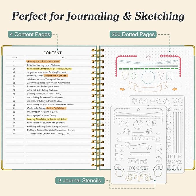 Bullet Dotted Journal Spiral Notebook, 300 Pages Leather Notebooks - Image 3