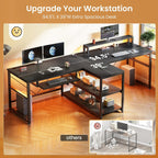 SEDETA 94.5" 2 Person Gaming Desk with Storage Shelves,Carbon Fiber Black | Double T Shaped Office Desk with Keyboard Tray, Power Strip with USB & Monitor Stand for Home Office, Bedroom