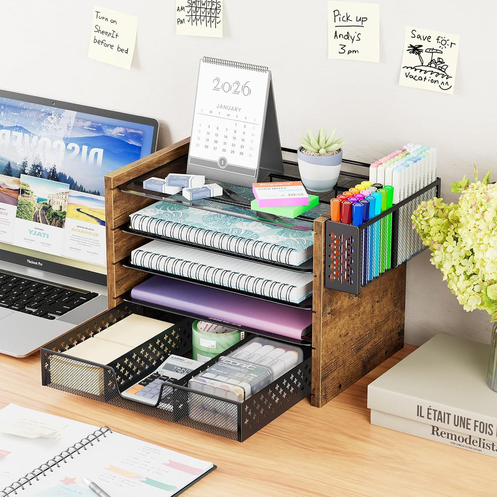 simple trending wood desk organizer, 5-tier file organizer shown in use