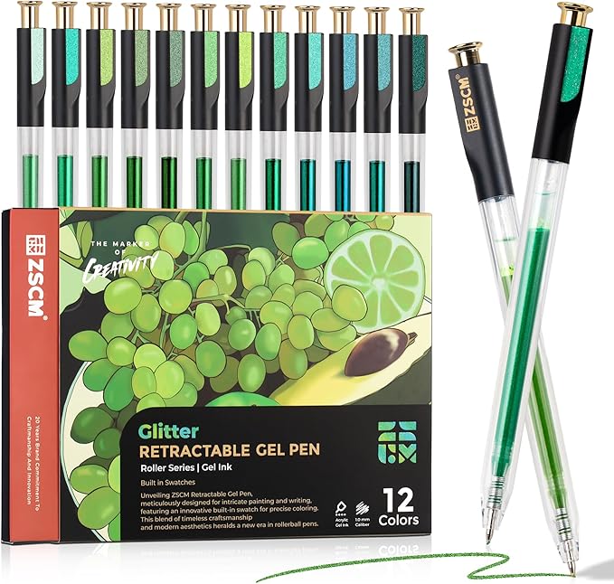 ZSCM Retractable Glitter Gel Pens, 12 Colors Large Capacity Green Glitter by ZSCM