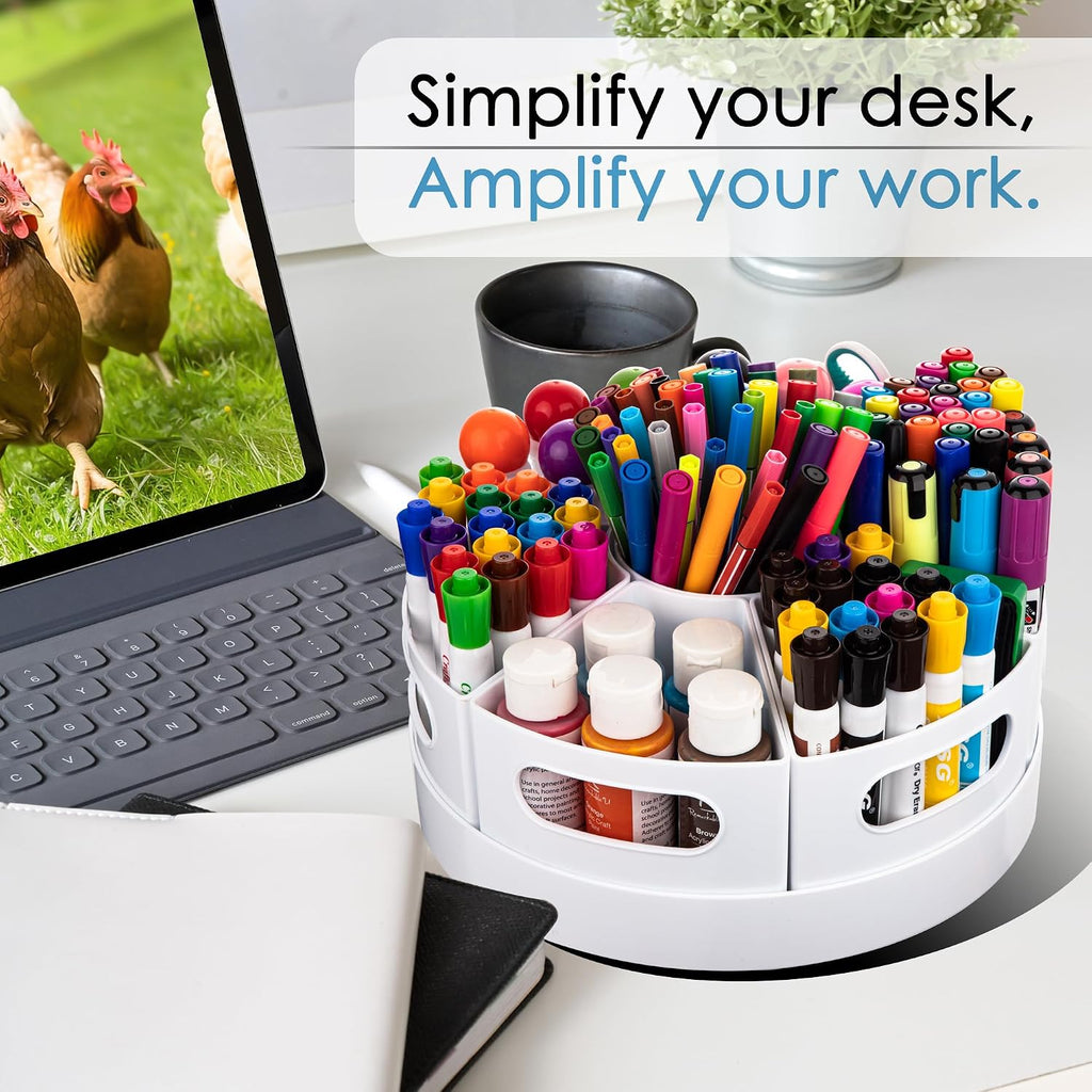 CraftGenes Rotating Art Supply Organizer, 7 Removable Compartments, White | Extra-large 360-degree desk caddy for markers, crayons and craft supplies, with 7 removable compartments and a non-slip base.