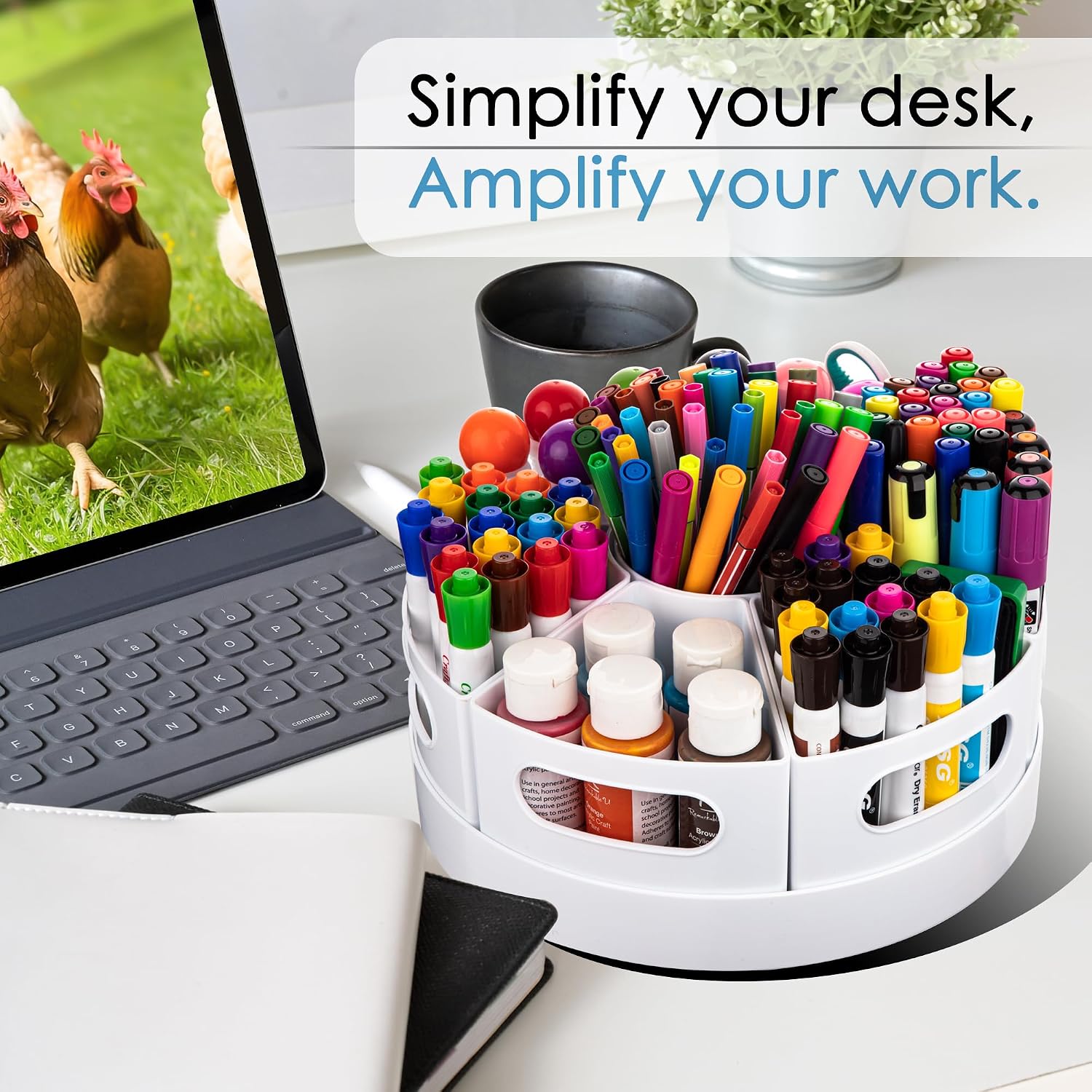 CraftGenes Rotating Art Supply Organizer, 7 Removable Compartments, White | Extra-large 360-degree desk caddy for markers, crayons and craft supplies, with 7 removable compartments and a non-slip base.