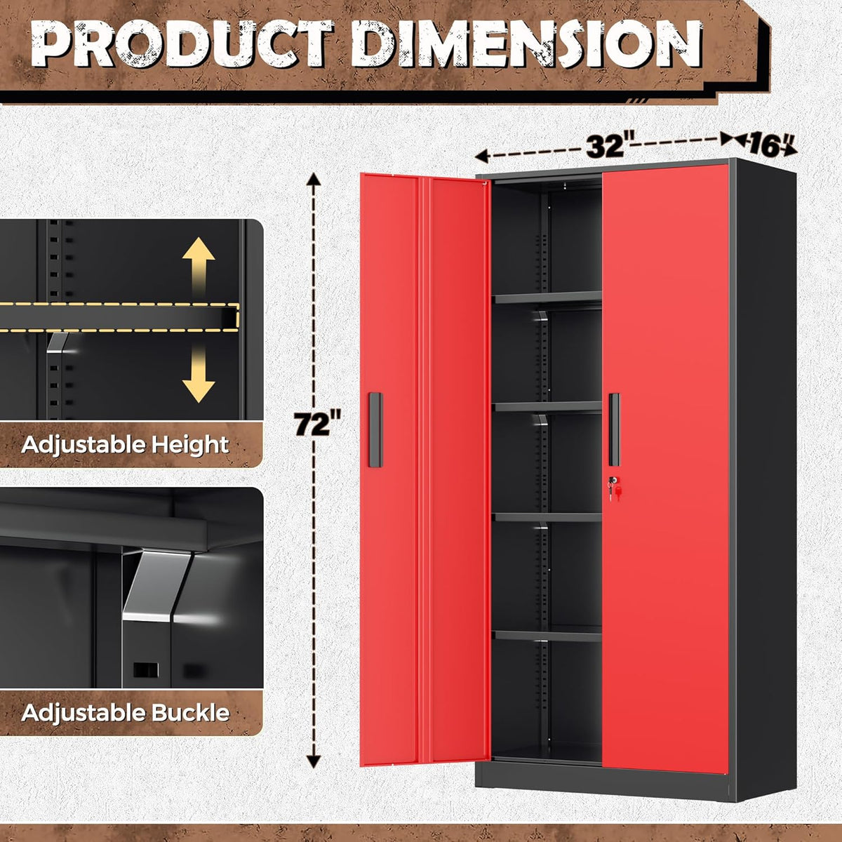 intergraet metal storage cabinet with adjustable shelves, garage, close-up detail