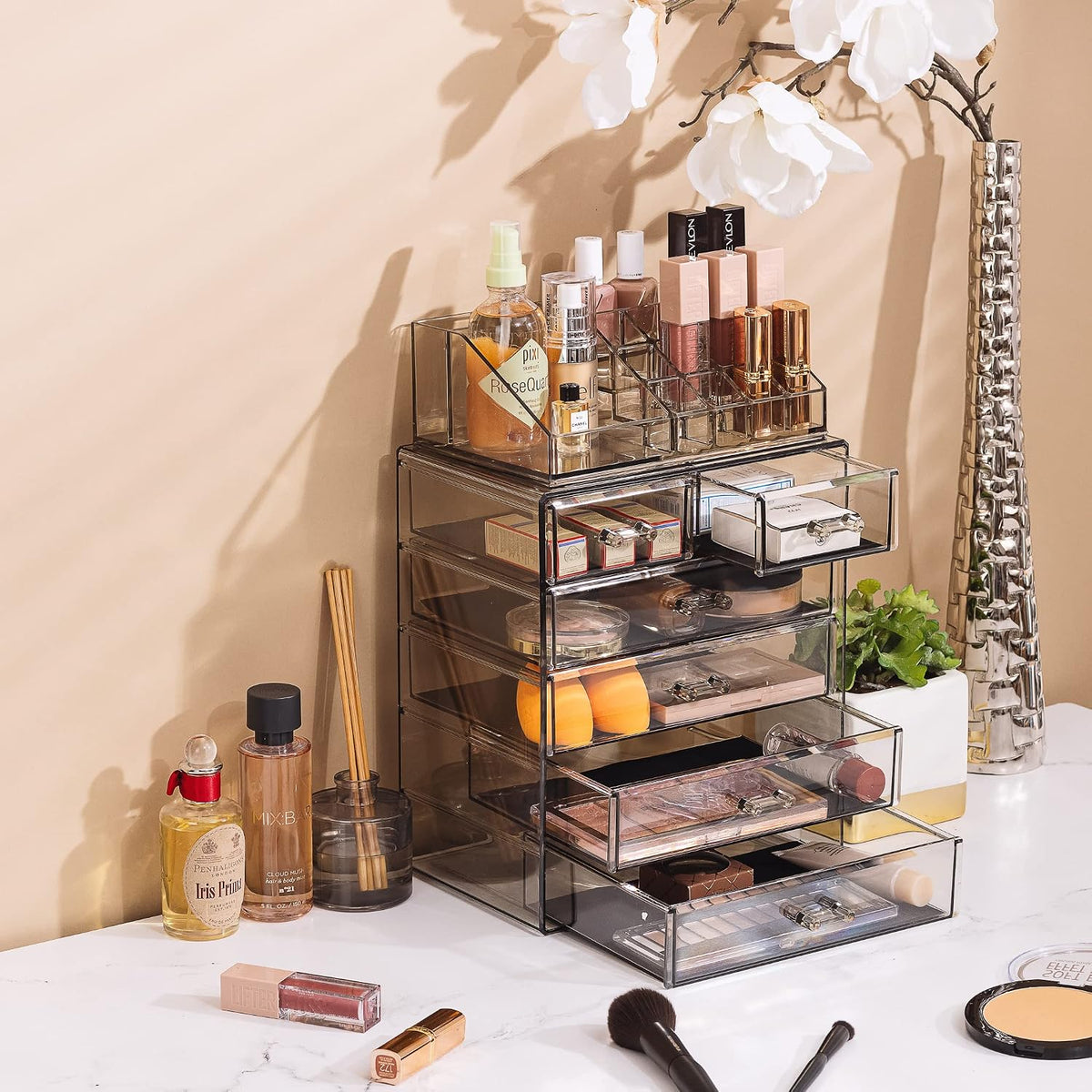 Sorbus Makeup Organizer, 6-Drawer Acrylic 2-Piece Set (Black Jewel)