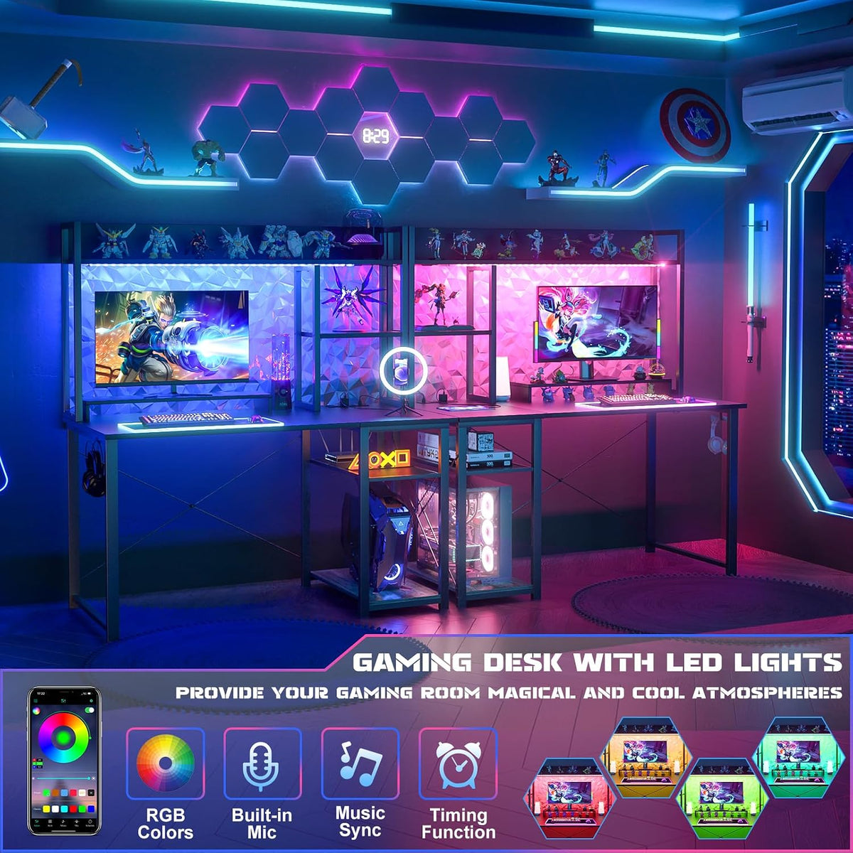 Cyclysio Gaming Desk with Hutch, 39'' Computer Desk with LED Lights &...
