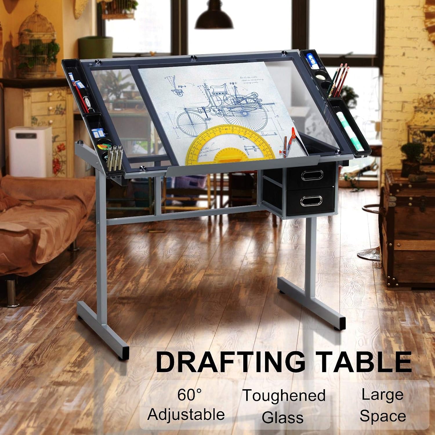 Yaheetech Glass Drafting Table with Storage, Adjustable Art Drawing Desk | Tempered glass top on a steel frame tilts 0-60° for drawing, tracing, or diamond art, plus two fabric drawers and side trays.