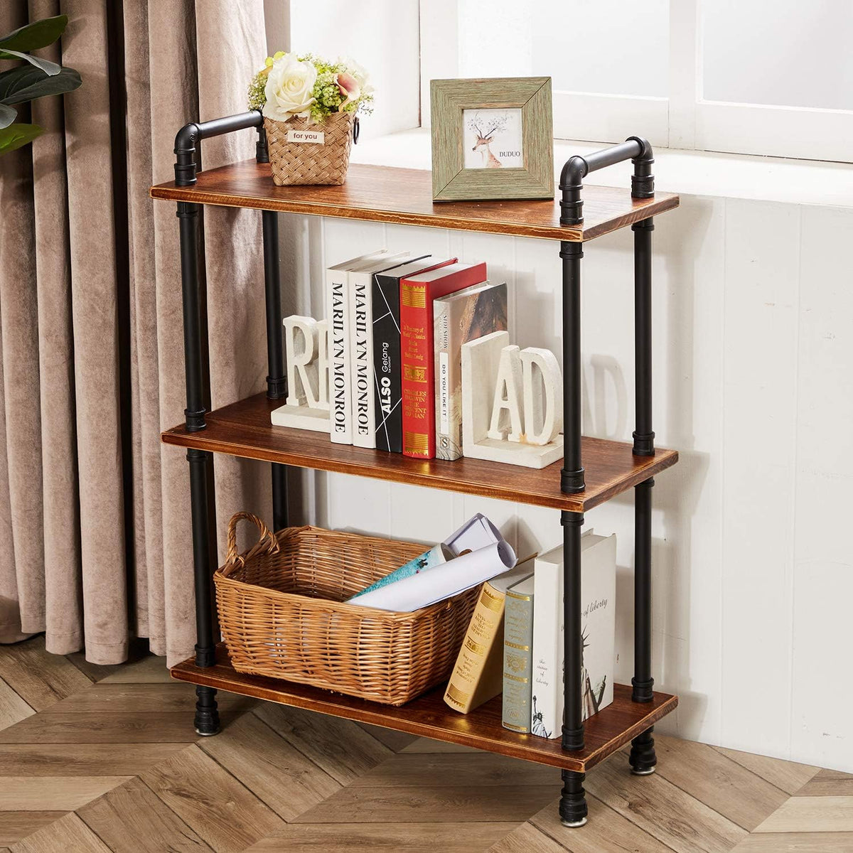 Industrial Bookshelf, Pipe Shelf Bookcase, 3 Tier, 30" Rustic Brown