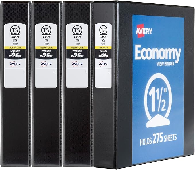 Avery Economy View 3 Ring Binders, 1.5" Round Rings, 4 Black Binders by Avery