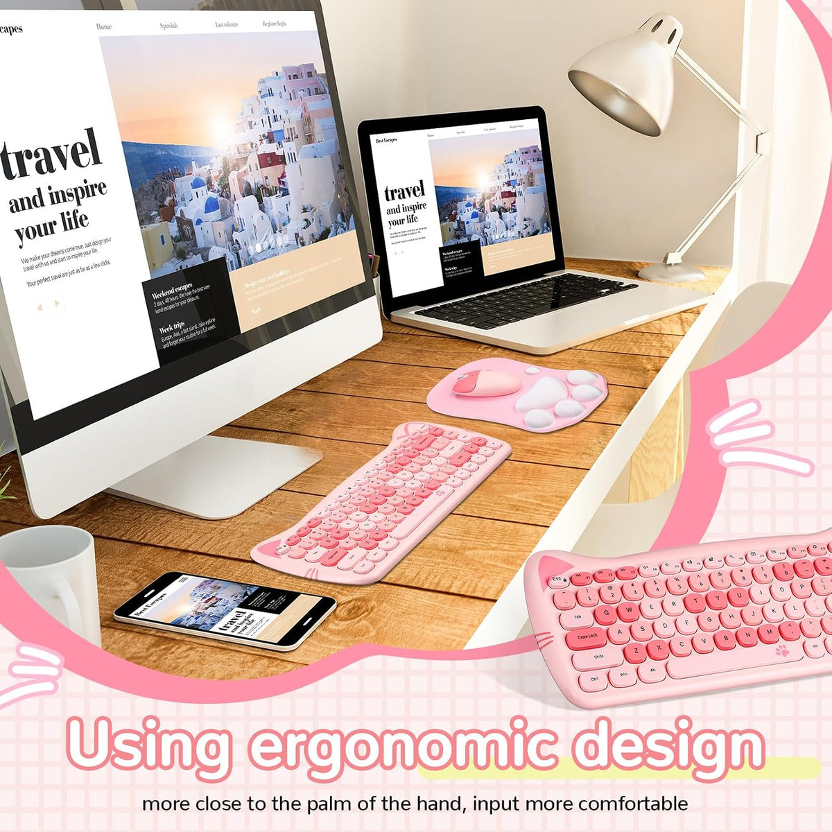 3 Pcs Cute Cat Keyboard and Mouse Combo, USB Wireless with Cat Paw Mouse Pad,...