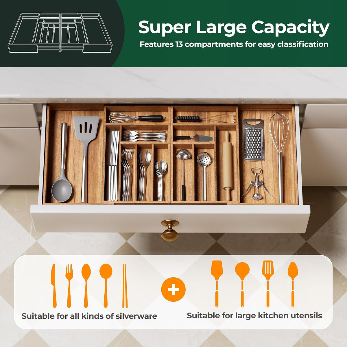Large Silverware Organizer, 13 Slots Magnetic Connected Expandable Acacia Woo...