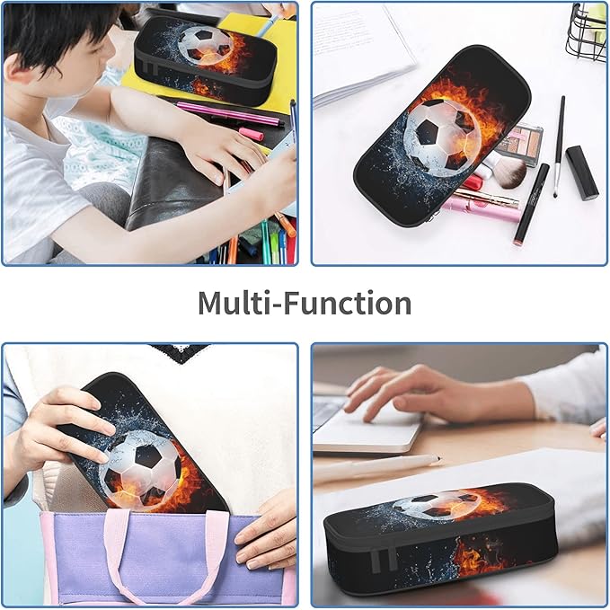Boys Soccer Pencil Case with Water & Fire Pattern Print, Cool Black Pencil Box - Image 5