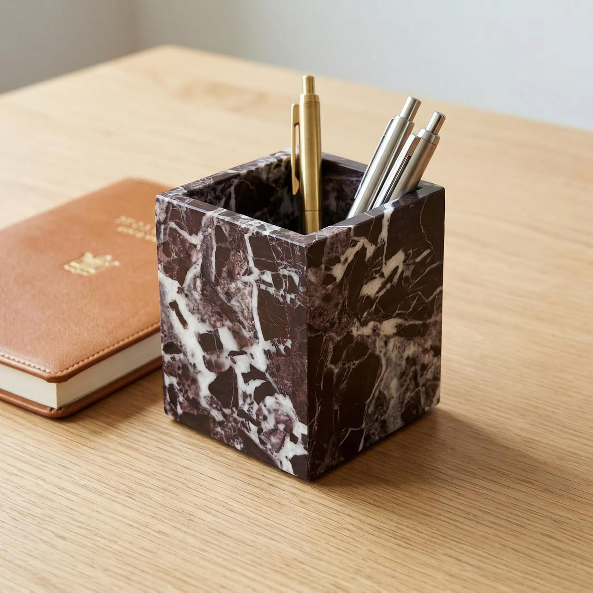 Natural Marble Pen Holder, Square Desk Organizer, Marble Toothbrush Holder, M...