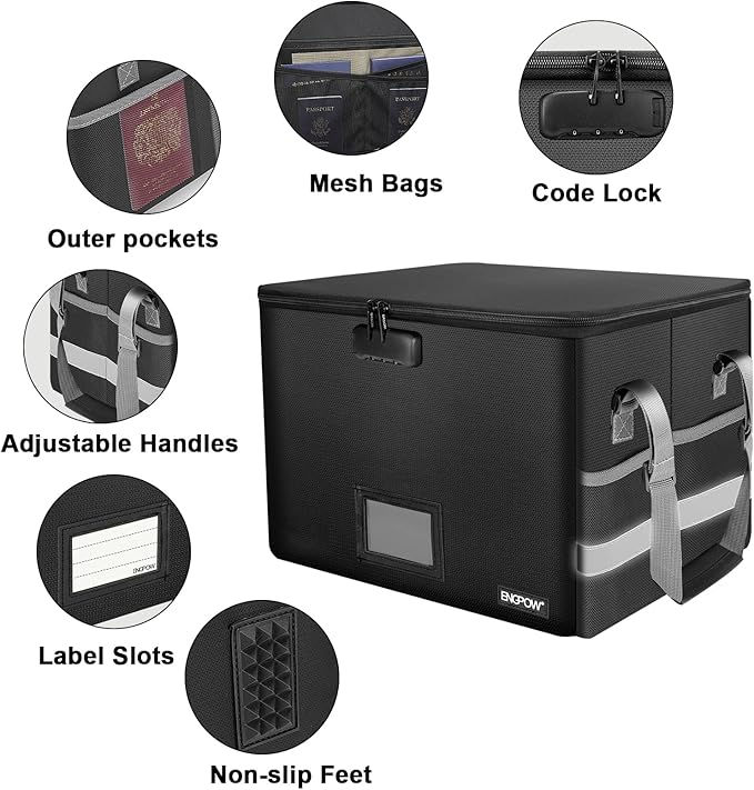 ENGPOW File Box with Lock, Fireproof Document Box with Pockets, Collapsible - Image 4