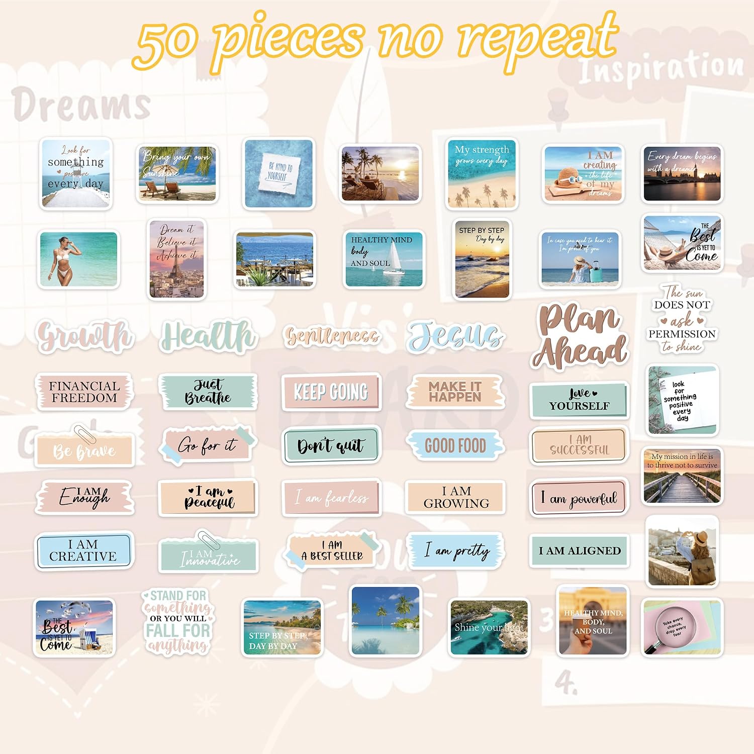 50PCS Aesthetic Motivational Stickers, Inspirational Self Growth Stickers for Women, Vinyl Decals for Planners Journals Vision Board Supplies Water Bottle Laptop
