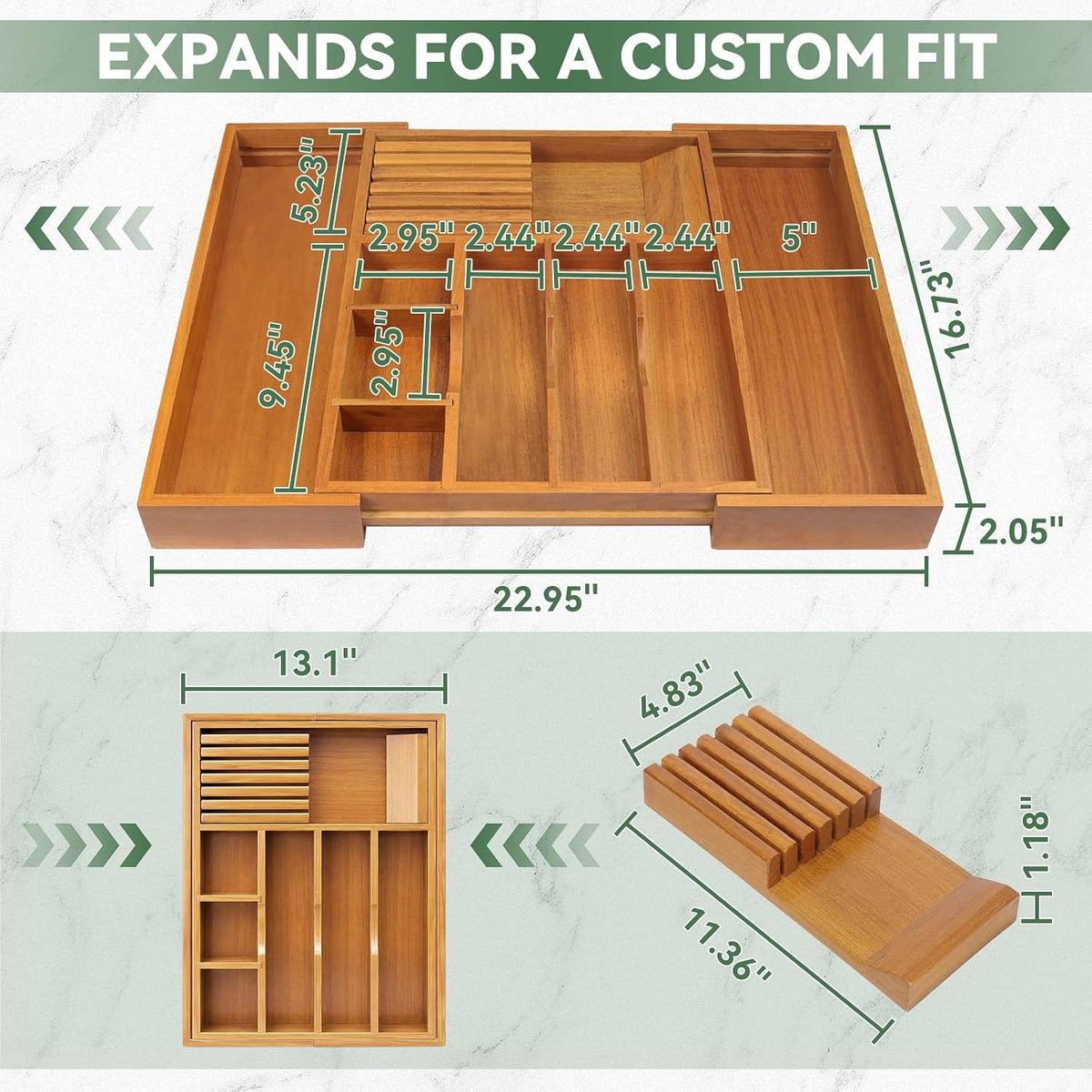 Luxury Teak Expandable Kitchen Drawer Organizer - Cutlery & Utensil Tray