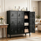 9-Door Metal Locker for Employees with Keyed Compartments | 15.79"D x 35.51"W x 37.8"H; 9 vented compartments with card slots, 18 keys and adjustable leveling feet.