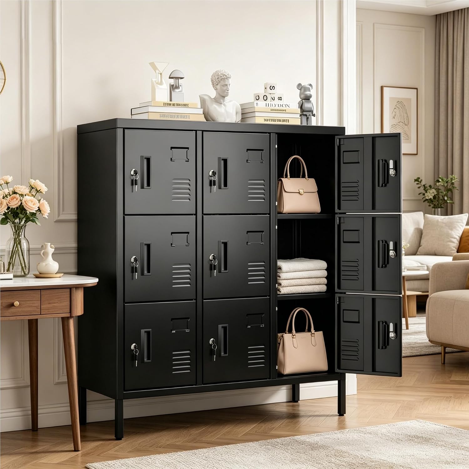 9-Door Metal Locker for Employees with Keyed Compartments | 15.79"D x 35.51"W x 37.8"H; 9 vented compartments with card slots, 18 keys and adjustable leveling feet.