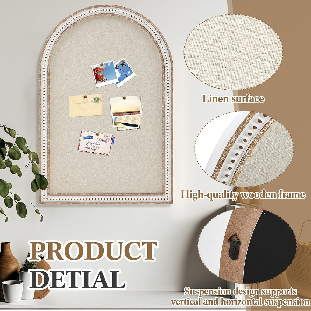 Wonderjune Linen Display Pinboard, Arch, 24" X 36", Distressed White