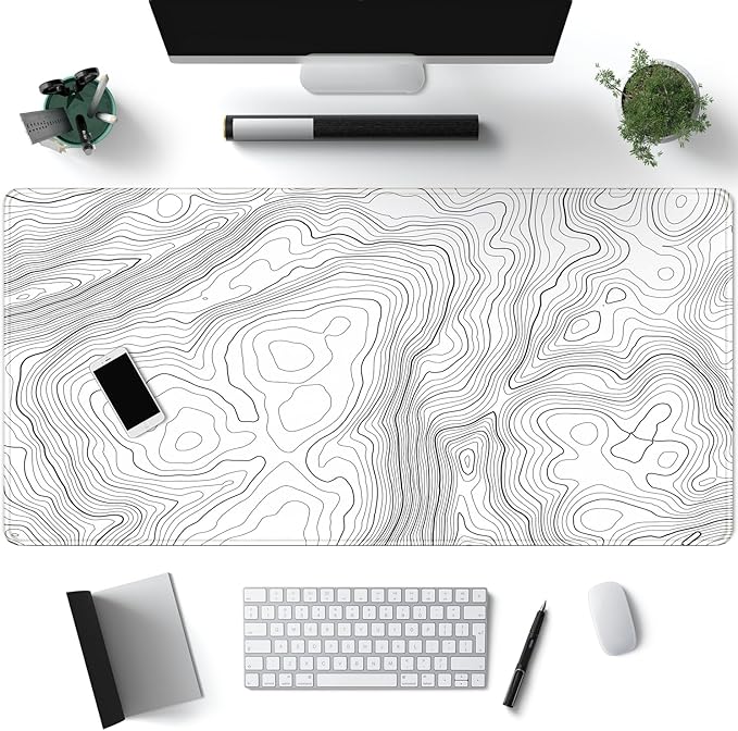 Mechanical Cattle Desk Mat Large Gaming White Mouse Pad Minimalist Topographic by Mechanical+Cattle