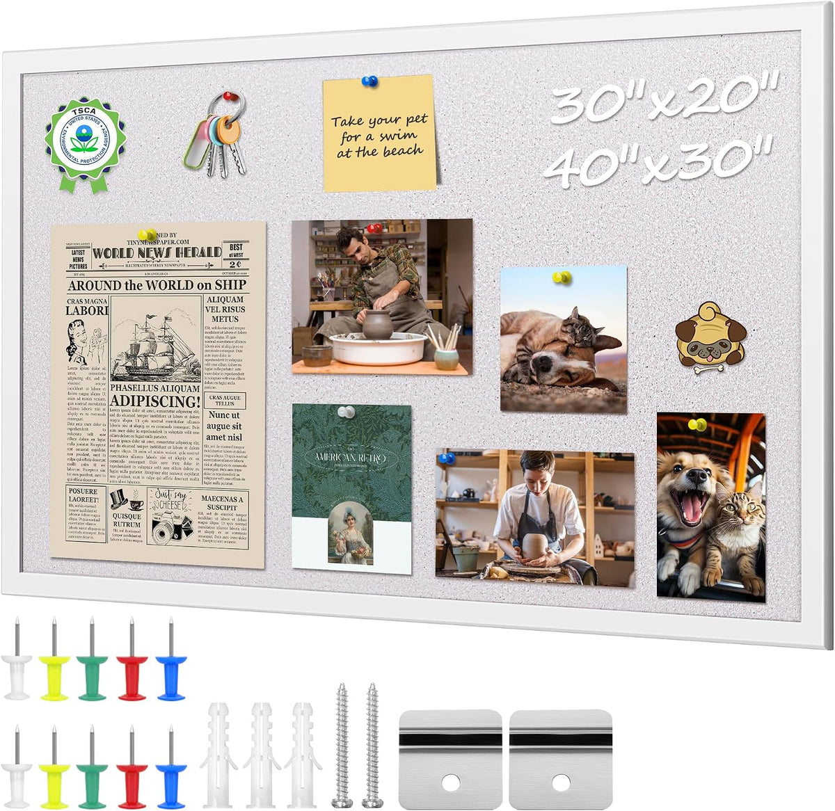ORIENTOOLS 30x40 White Cork Board, Wooden Frame, Hanging Pin for Office