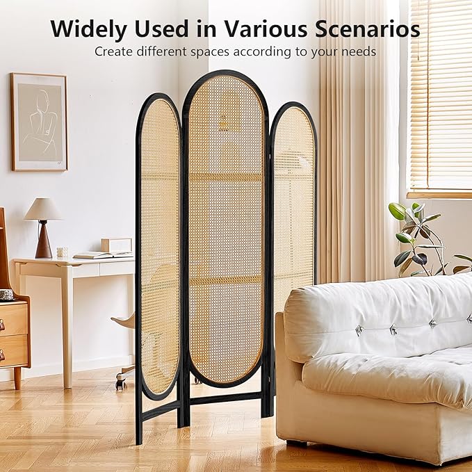 Asnefeli Room Divider 3 Panel, Hand-Woven Rattan Room Divider - Image 3