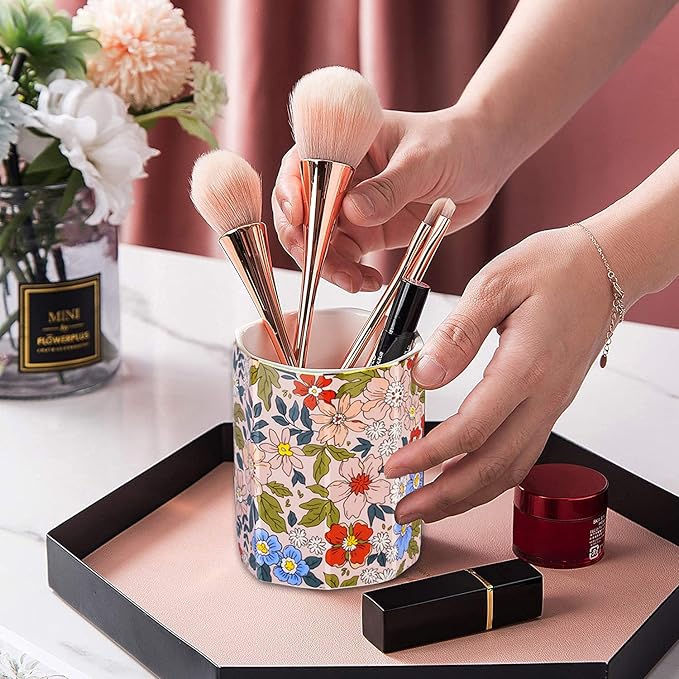 Jwest Pen Holder, Makeup Brush Holder Ceramic Shiny Gold Vintage Floral Flowers - Image 5