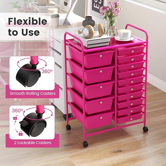 COSTWAY 15-Drawer Rolling Storage Cart, Mobile Utility Cart - Image 4