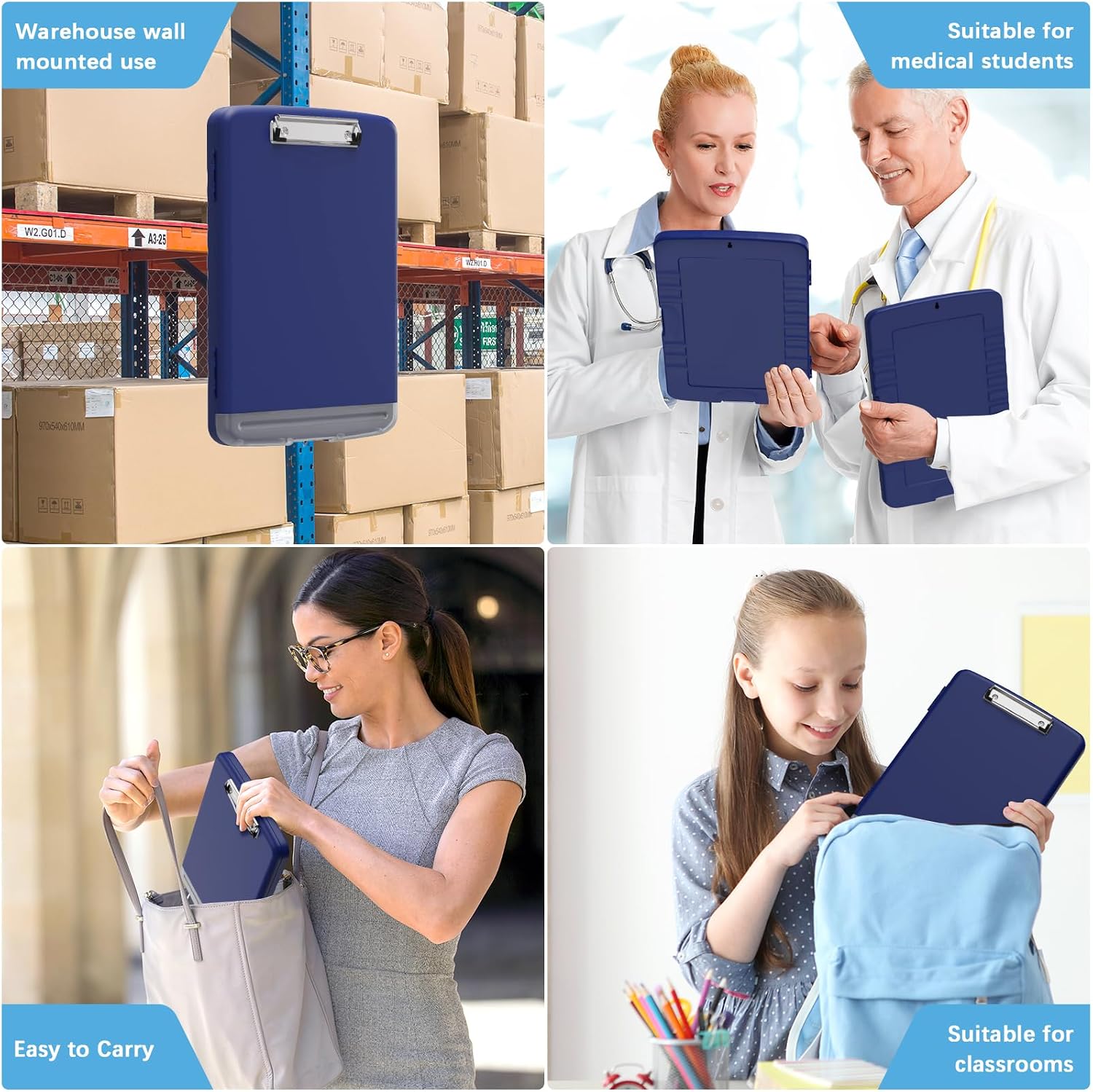 Hongri Clipboard with Storage with Pencil Case, 8.5 x 11 Storage Clip Board | High Capacity Organization Box for A4 Letter Legal Paper, Heavy Duty Folio & Side-Opening for Nurses, Teachers, Navy Blue