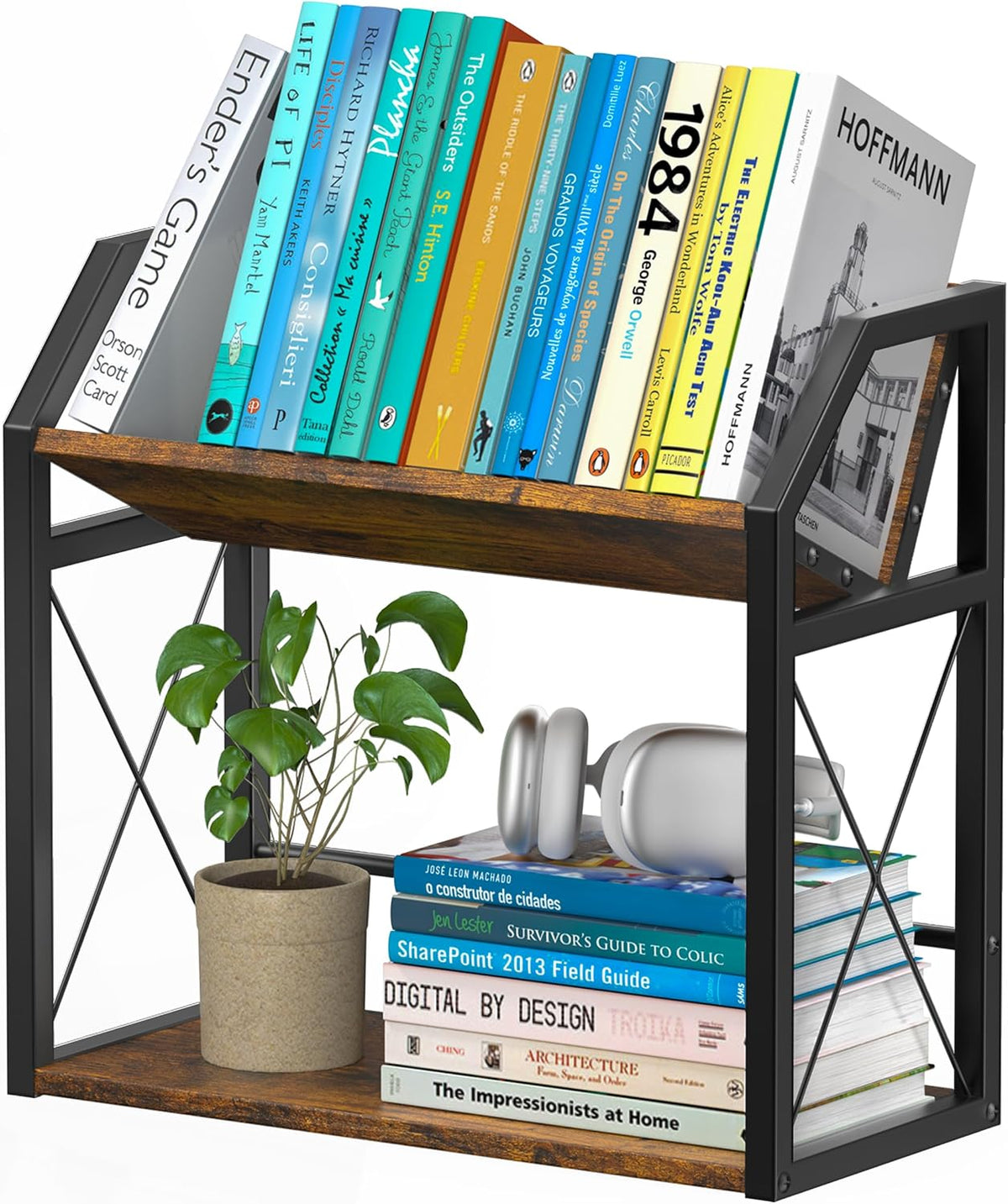Desktop Bookshelf, Wooden Desk Shelf Organizer, Brown