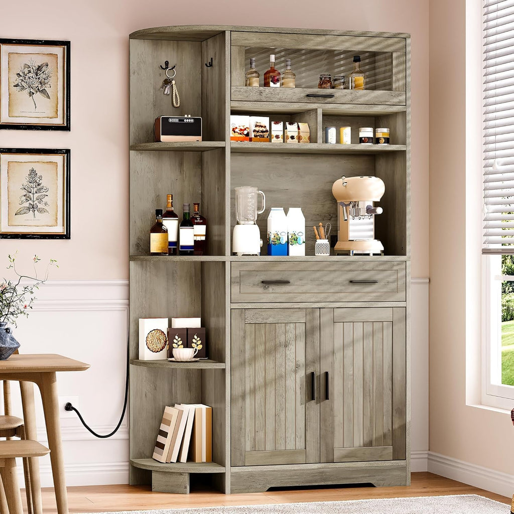 YITAHOME 67" Kitchen Hutch with Outlet, Shelves & Drawer, Antique Gray | Farmhouse Microwave Stand Buffet Coffee Bar for Living Room and Dining Room