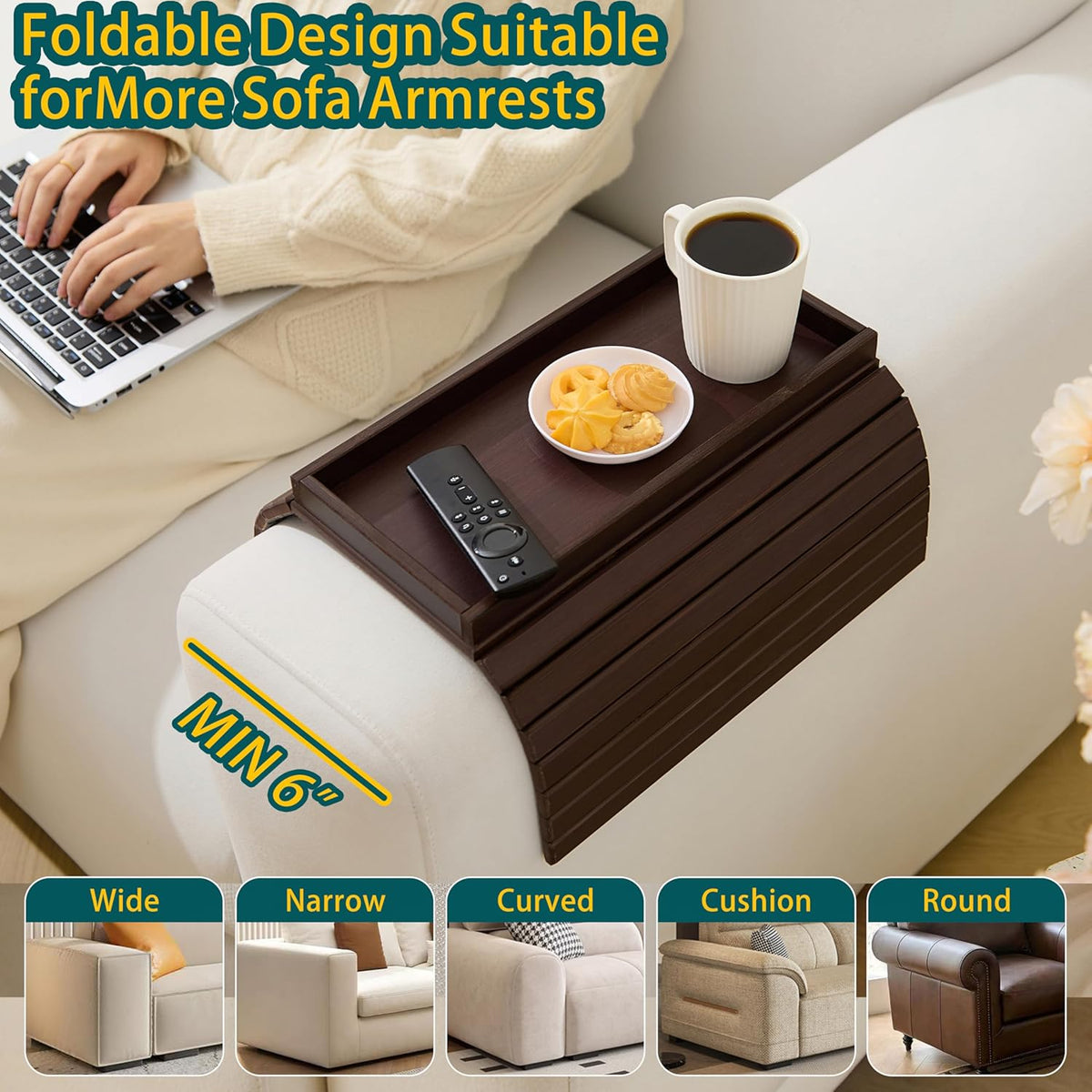 Bamboo Couch Arm Tray Table，Foldable Sofa Armrest Tray Table for Couch，Flexib...